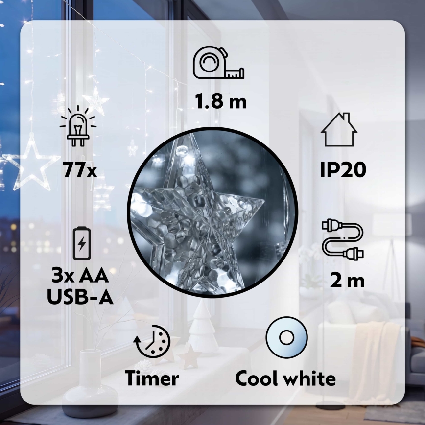 BRILAGI - LED Božićna svjetlosna zavjesa 77xLED/3xAA/USB 1,8m hladna bijela