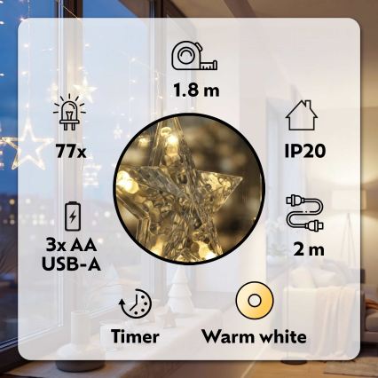 BRILAGI - LED Božićna svjetlosna zavjesa 77xLED/3xAA/USB 1,8m topla bijela