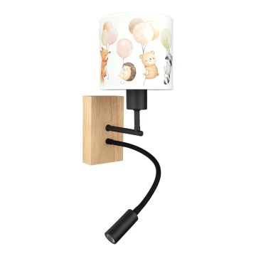 Brilagi - LED dječja fleksibilna zidna svjetiljka BOBO WOOD 1xE27/25W/230V + LED/3W hrast/crna/bijela/s motivom životinja