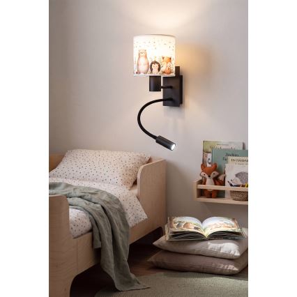 Brilagi - LED dječja fleksibilna zidna svjetiljka BOBO 1xE27/25W/230V + LED/3W crna/bijela/sa životinjskim motivima