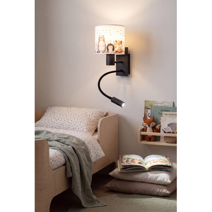 Brilagi - LED dječja fleksibilna zidna svjetiljka BOBO 1xE27/25W/230V + LED/3W crna/bijela/sa životinjskim motivima