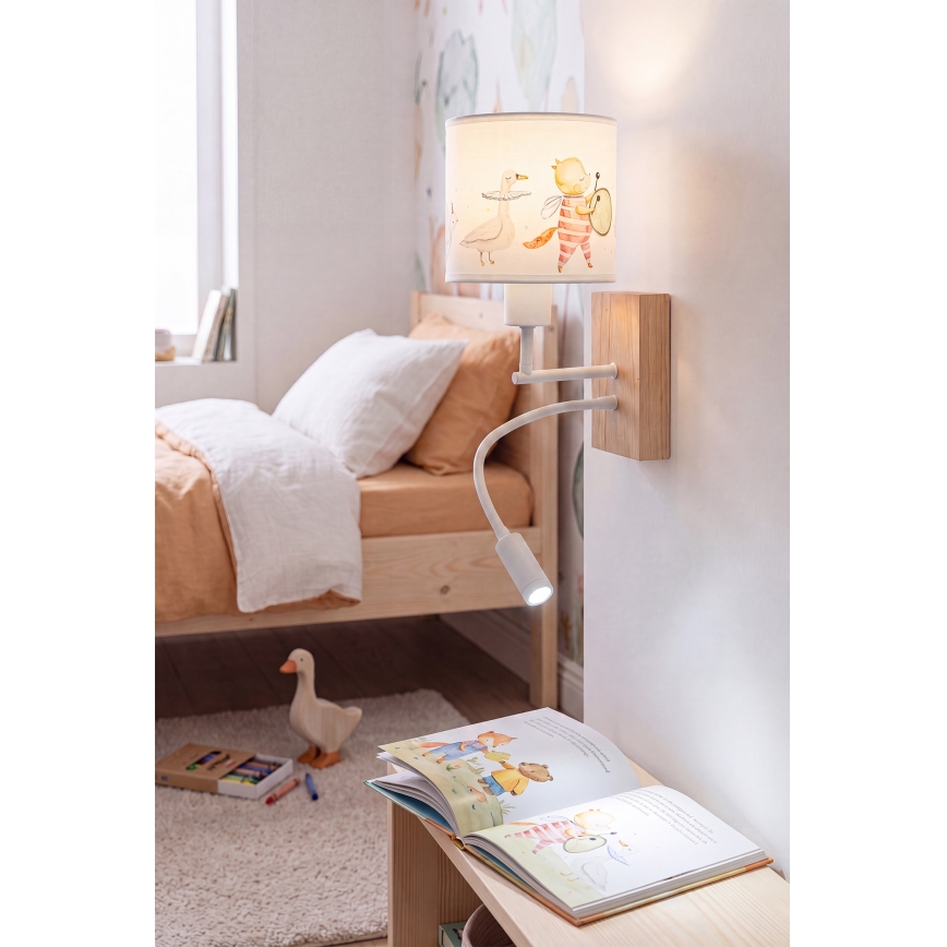 BRILAGI - LED dječja fleksibilna zidna lampa BOBO WOOD 1xE27/25W/230V + LED/3W hrast/bijela/s motivom životinja