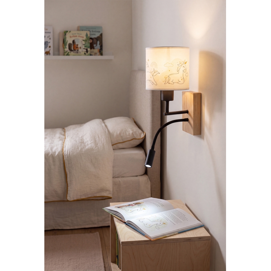 Brilagi - LED Dječja fleksibilna zidna lampa BOBO WOOD 1xE27/25W/230V + LED/3W hrast/crna/bijela/jednorogi