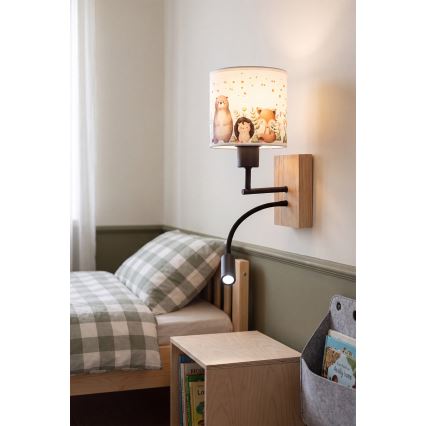 Brilagi - LED dječja fleksibilna zidna svjetiljka BOBO WOOD 1xE27/25W/230V + LED/3W hrast/crna/bijela/s motivom životinja