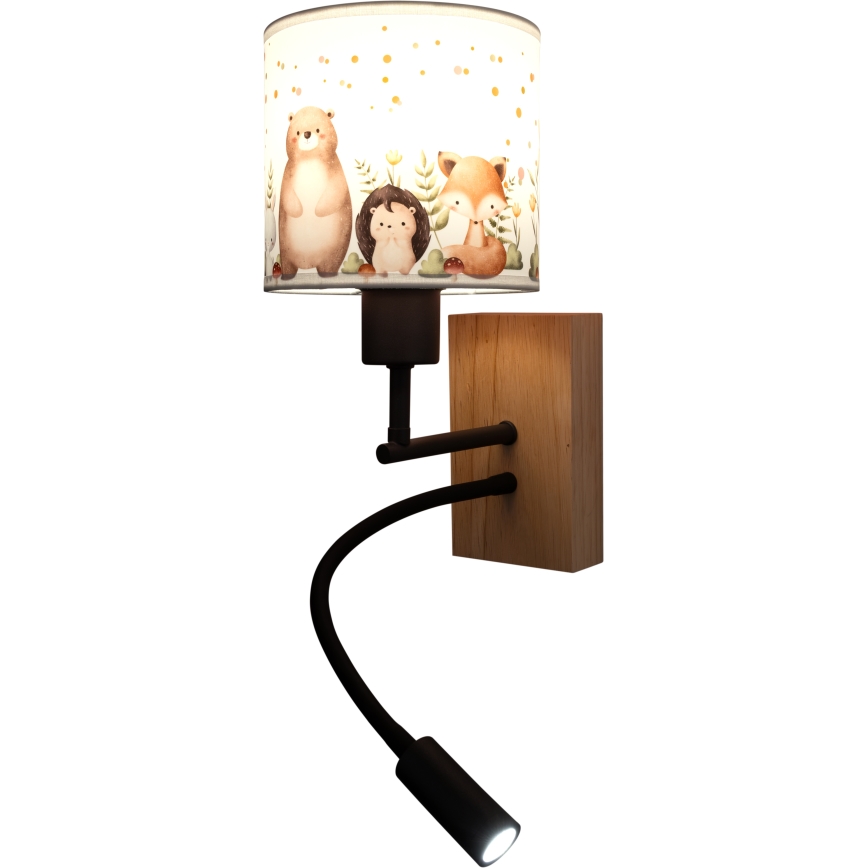 Brilagi - LED dječja fleksibilna zidna svjetiljka BOBO WOOD 1xE27/25W/230V + LED/3W hrast/crna/bijela/s motivom životinja