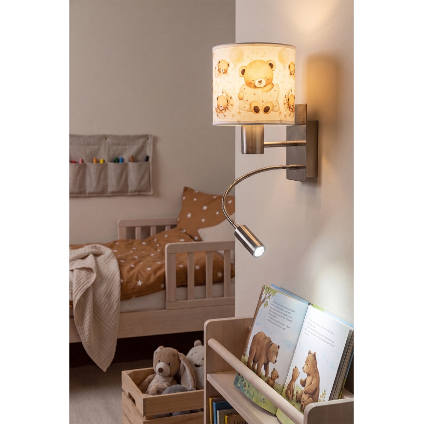 BRILAGI - LED dječja fleksibilna zidna svjetiljka BOBO 1xE27/25W/230V + LED/3W matirani krom/bijela/medvjedići