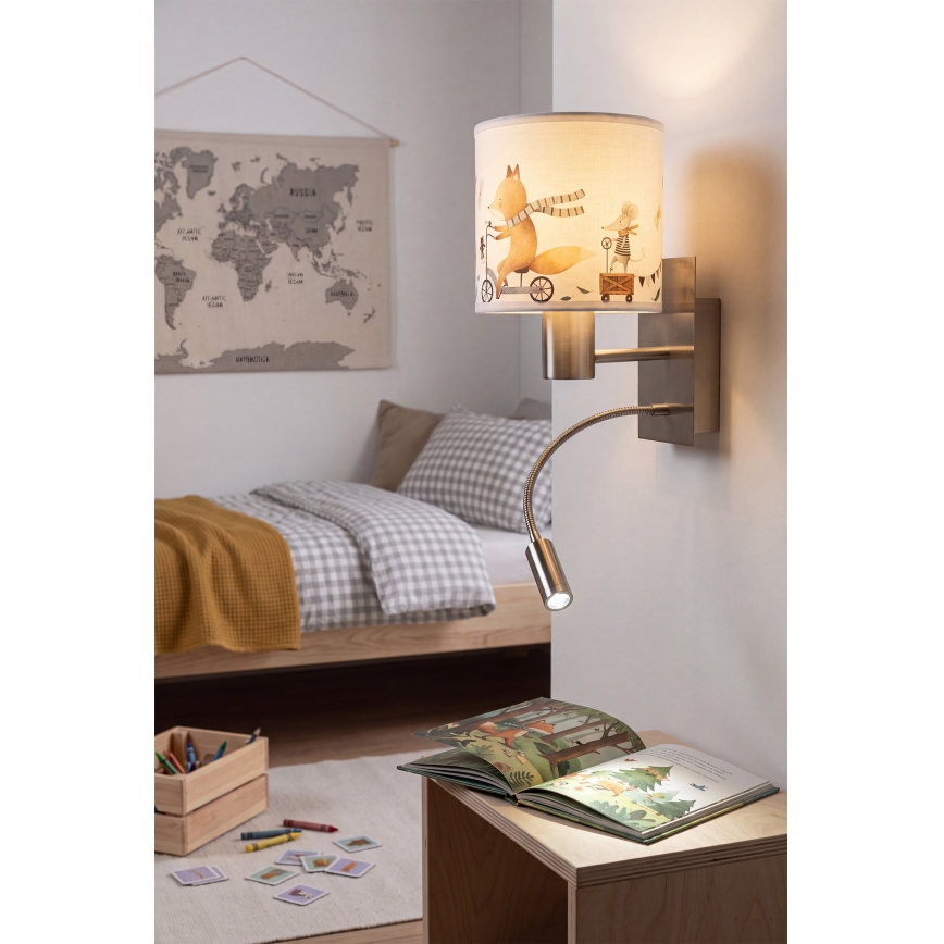 BRILAGI - LED dječja fleksibilna zidna svjetiljka BOBO 1xE27/25W/230V + LED/3W matni krom/bijela/s motivom životinja
