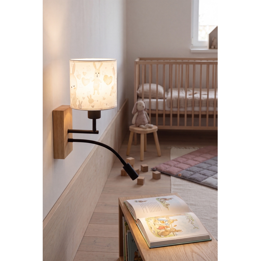 Brilagi - LED dječja fleksibilna zidna svjetiljka BOBO WOOD 1xE27/25W/230V + LED/3W hrast/crna/bijela/zečići