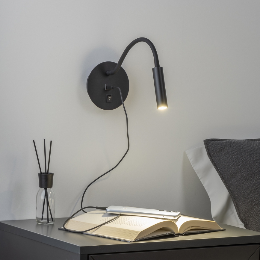 Brilagi - LED Fleksibilna zidna lampa s USB portom MAYA LED/3W/230V 4000K crna