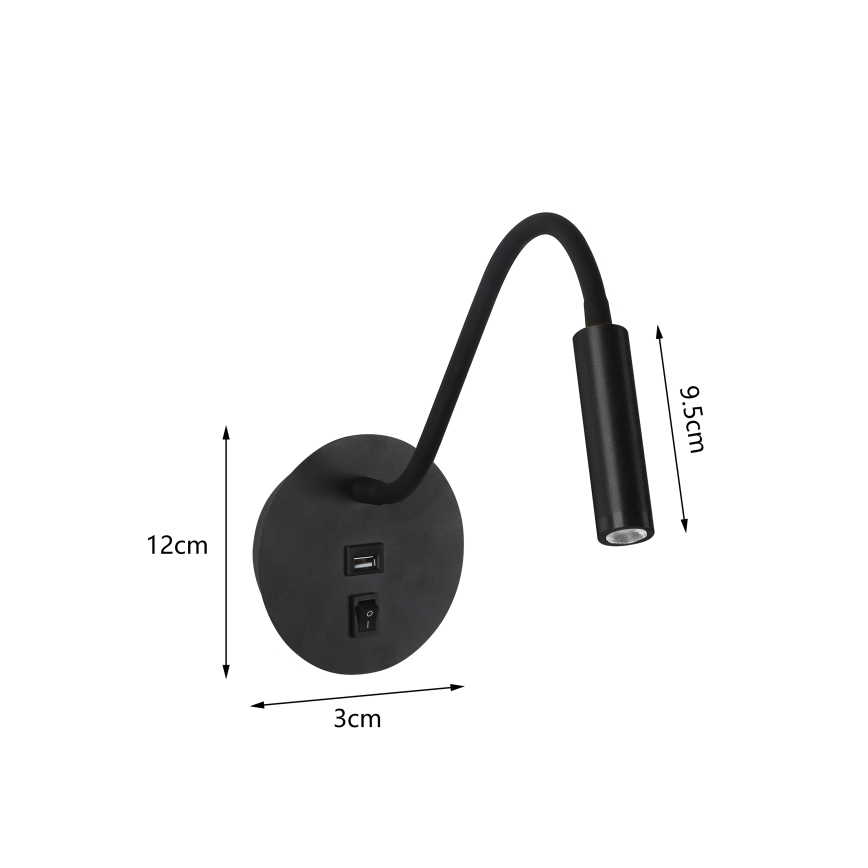 Brilagi - LED Fleksibilna zidna lampa s USB portom MAYA LED/3W/230V 4000K crna