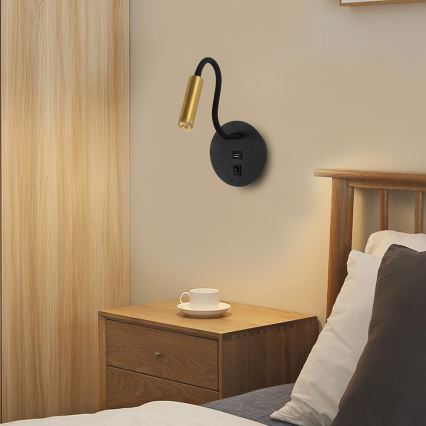 Brilagi - LED Fleksibilna zidna lampa s USB portom MAYA LED/3W/230V 4000K crna/zlatna