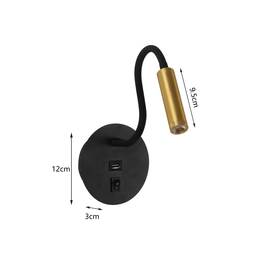 Brilagi - LED Fleksibilna zidna lampa s USB portom MAYA LED/3W/230V 4000K crna/zlatna