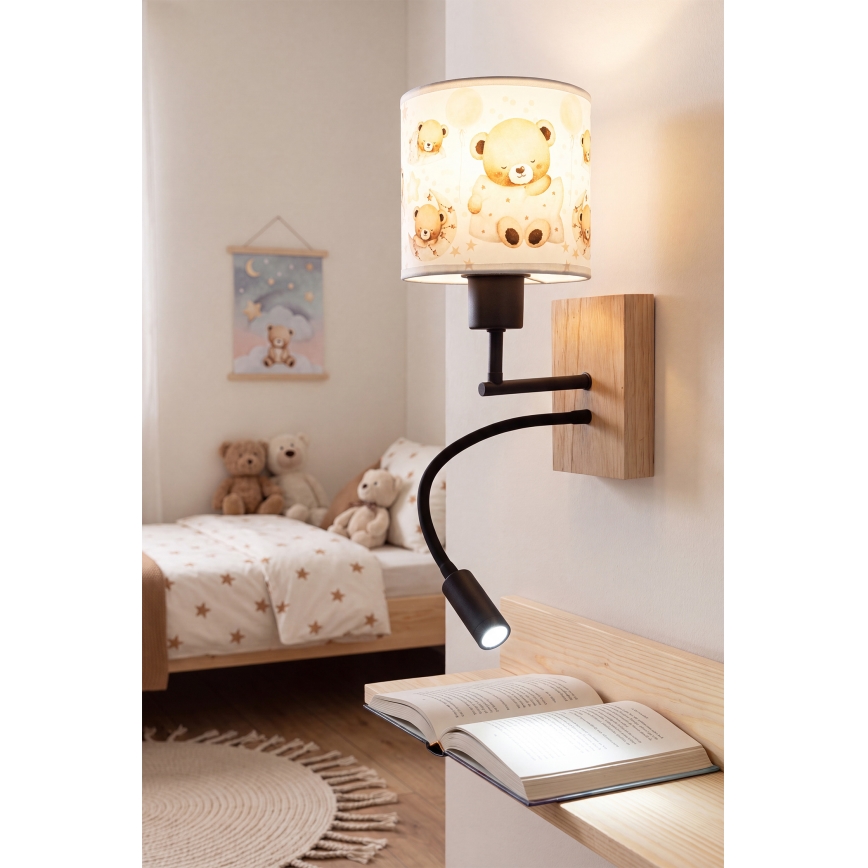 Brilagi - LED dječja fleksibilna zidna svjetiljka BOBO WOOD 1xE27/25W/230V + LED/3W hrast/crna/bijela/medvjedići