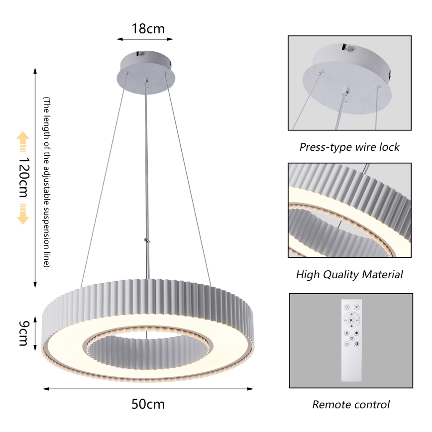 BRILAGI - LED luster s mogućnošću prigušivanja na sajli LUMIX LED/48W/230V 3000-6000K bijeli, promjer 50 cm + daljinski upravljač