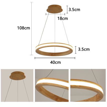 Brilagi - LED luster na kabelu UMEA WOOD LED/30W/230V Ø 40 cm kaučukovo drvo