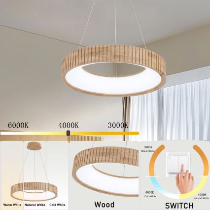 Brilagi - LED luster na sajli FALCON WOOD MODERN LED/30W/230V 3000/4000/6000K, Ø 45 cm, drveni