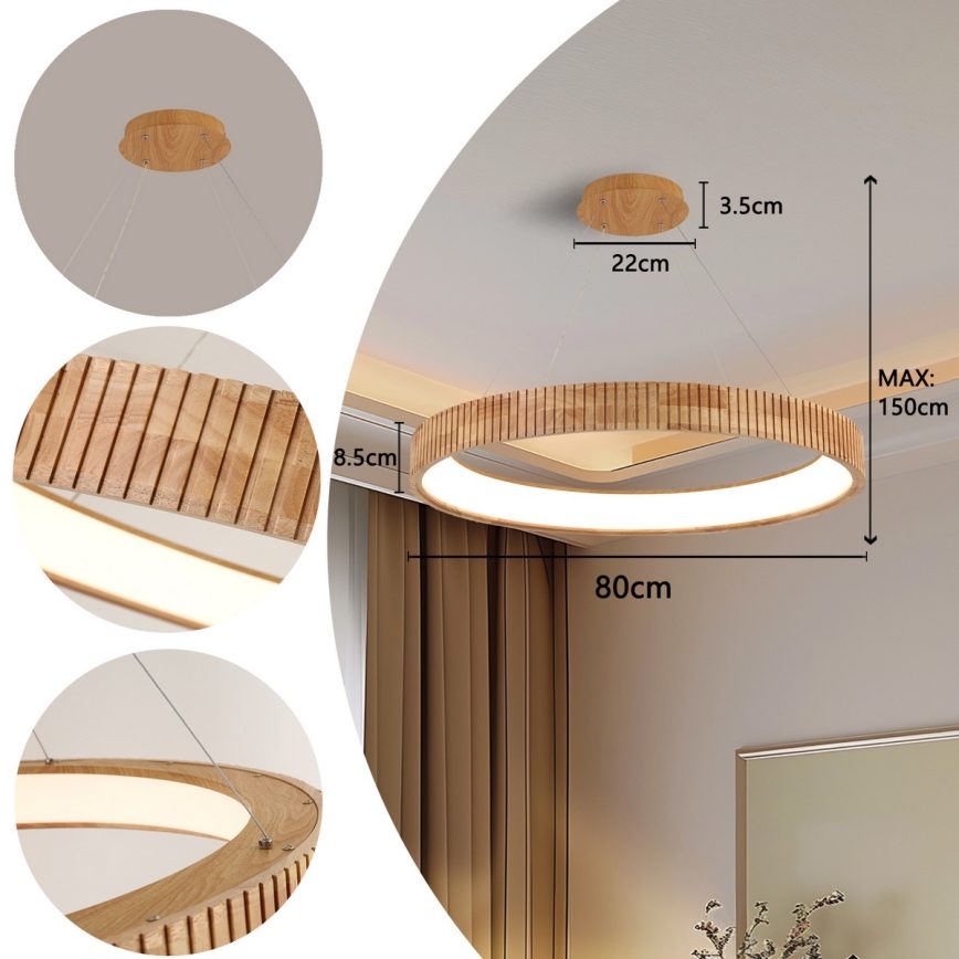 Brilagi - LED luster na sajli FALCON WOOD MODERN LED/60W/230V 3000/4000/6000K Ø 80 cm drvo