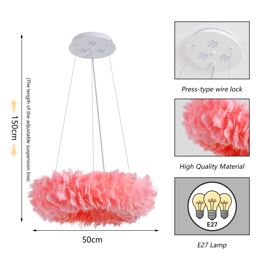 BRILAGI - LED luster na sajli FEATHER 3xE27/40W/230V + 3xLED/3W, promjer 50 cm, ružičasta