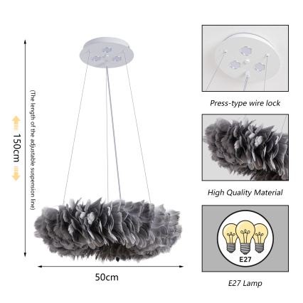 BRILAGI - LED luster na sajli FEATHER 3xE27/40W/230V + 3xLED/3W Ø 50 cm siva