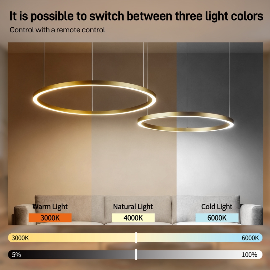 Brilagi - LED luster s mogućnošću prigušivanja na sajli PORTOFINO LED/98W/230V 3000-6000K zlatna + daljinski upravljač