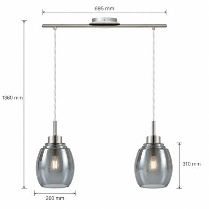 BRILAGI - LED luster na sajli RETRO GLASS 2xE27/60W/230V matni krom/dimno-siva