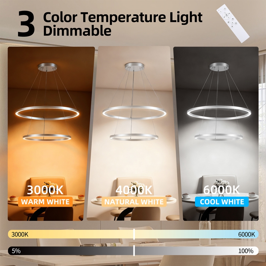 Brilagi - Srebrni LED luster na sajli PORTOFINO, s mogućnošću prigušivanja, LED/98W/230V 3000-6000K Ø 80 cm + daljinski upravljač