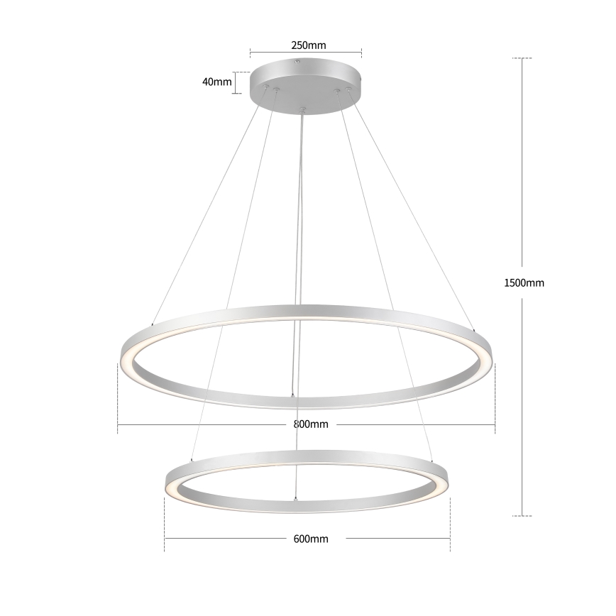 Brilagi - Srebrni LED luster na sajli PORTOFINO, s mogućnošću prigušivanja, LED/98W/230V 3000-6000K Ø 80 cm + daljinski upravljač
