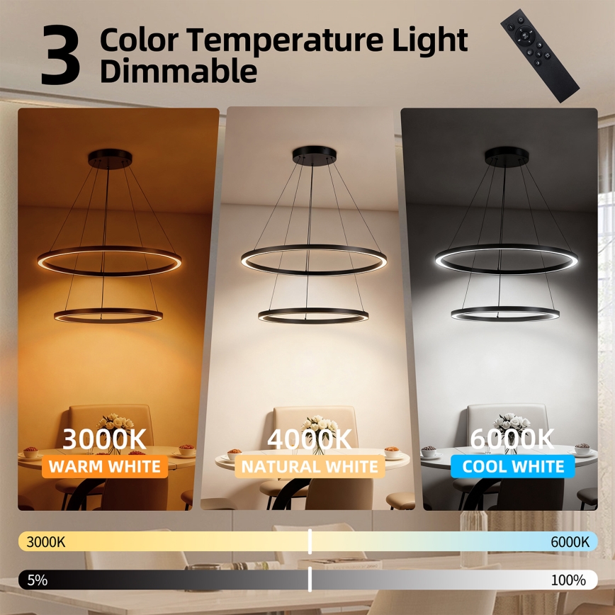 Brilagi - LED luster s mogućnošću prigušivanja na sajli PORTOFINO LED/98W/230V 3000-6000K Ø 80 cm crni + daljinski upravljač