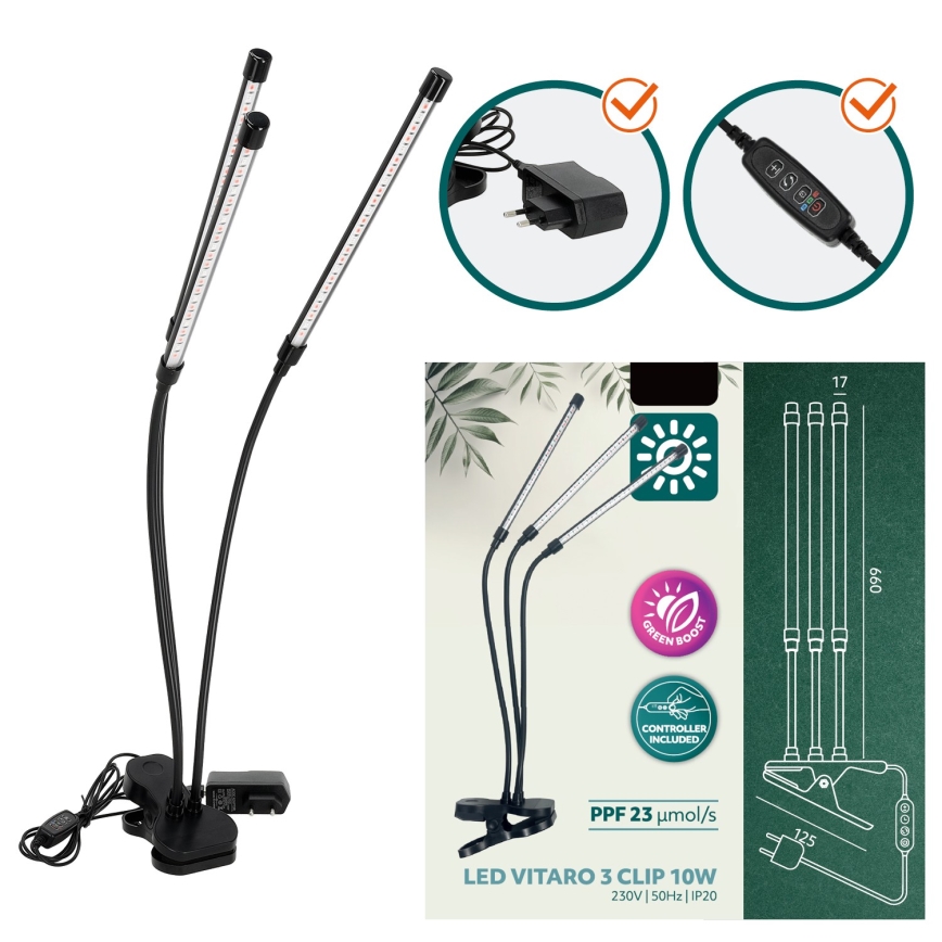 Brilagi - LED Prigušiva fleksibilna stolna lampa s kopčom za uzgoj biljaka VITABLOOM 3xLED/10W/230V crna