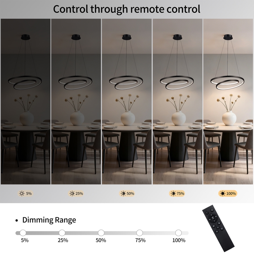 Brilagi - LED prigušivi luster na sajli TWISTER LED/48W/230V 3000-6000K pr. 50 cm crna + daljinsko upravljanje
