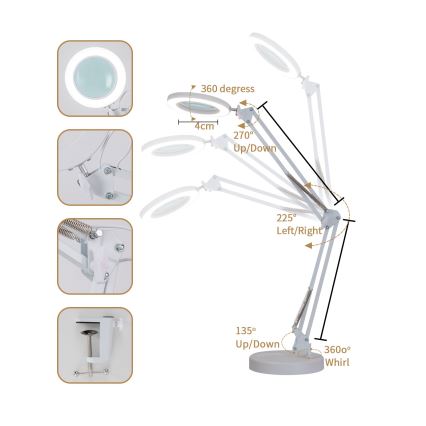 Brilagi - LED Prigušiva stolna lampa s povećalom LENS LED/12W/5V 3000/4200/6000K bijela