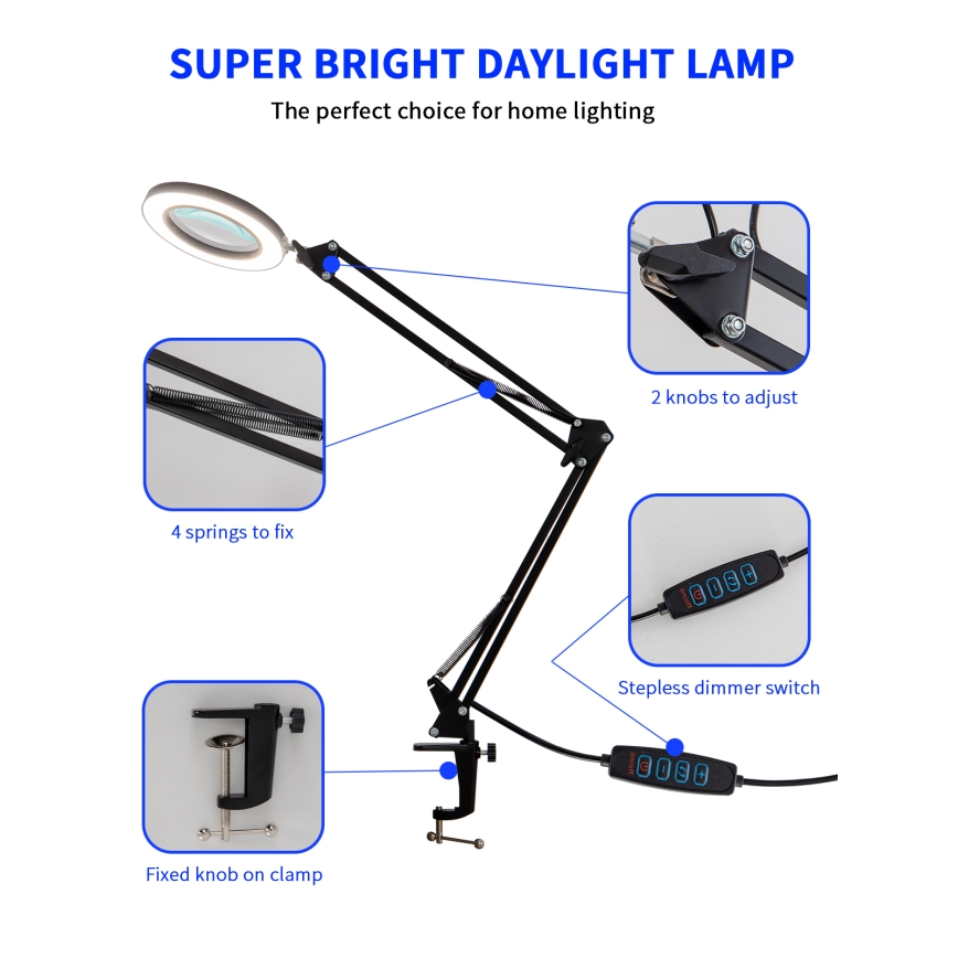 Brilagi - LED Prigušiva stolna lampa s povećalom LENS LED/12W/5V 3000/4200/6000K crna