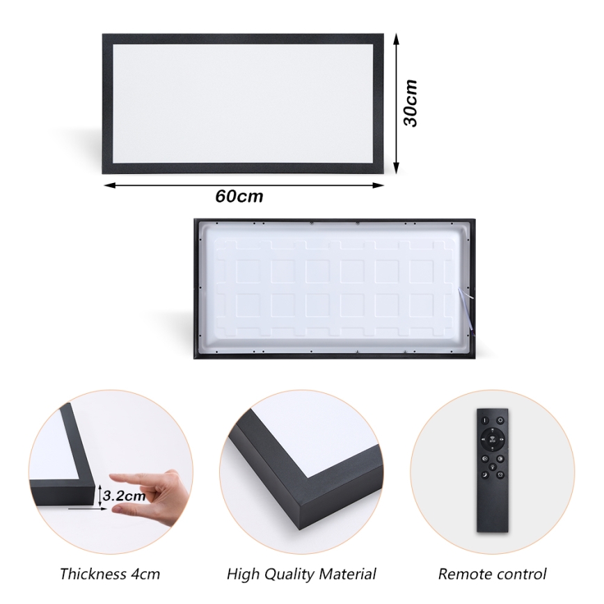 Brilagi - LED Prigušiva stropna svjetiljka za kupaonicu FRAME SMART LED/30W/230V 30x60 cm 3000-6000K  IP44 crna  + daljinski upravljač