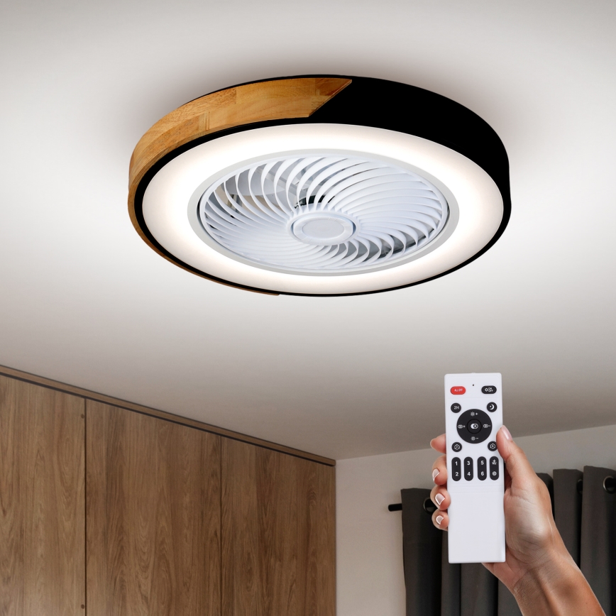 Brilagi - LED stropno svjetlo s ventilatorom, s mogućnošću prigušivanja, 30W/230V, 3000-6500K, Ø 50 cm, crna/hrast + daljinski upravljač