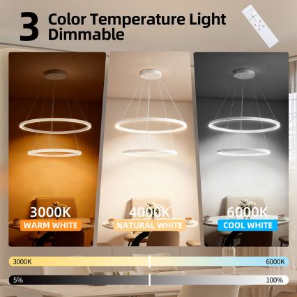 Brilagi - LED luster na sajli PORTOFINO s mogućnošću prigušivanja LED/98W/230V 3000-6000K Ø 80 cm bijela + daljinski upravljač