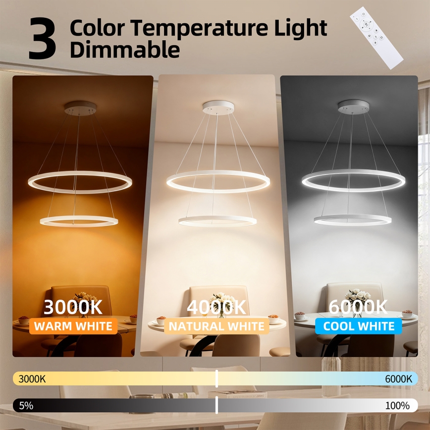 Brilagi - LED luster na sajli PORTOFINO s mogućnošću prigušivanja LED/98W/230V 3000-6000K Ø 80 cm bijela + daljinski upravljač