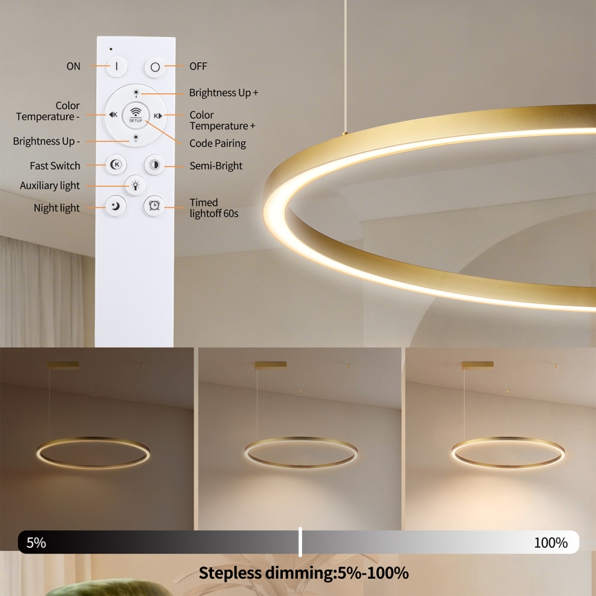 Brilagi - LED luster na sajli PORTOFINO s mogućnošću prigušivanja LED/60W/230V 3000-6000K Ø 80 cm zlatni + daljinski upravljač