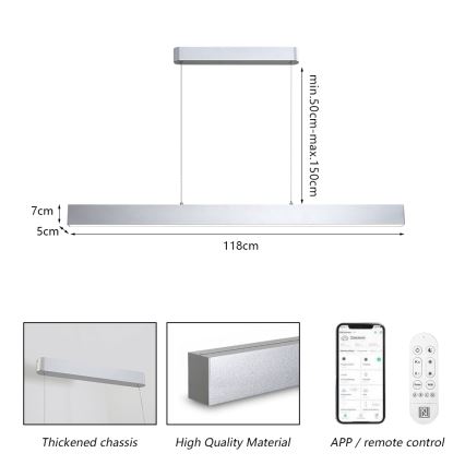 Brilagi - LED Prigušivi luster na sajli SLEEKLINE SMART LED/40W/230V 3000-6000K Wi-Fi Tuya srebrna + daljinski upravljač