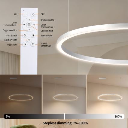 Brilagi - LED luster s mogućnošću dimanja na sajli PORTOFINO LED/60W/230V 3000–6000 K promjer 80 cm srebrna + daljinski upravljač