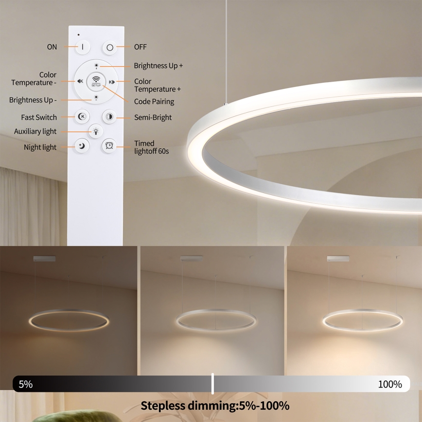 Brilagi - LED luster s mogućnošću dimanja na sajli PORTOFINO LED/60W/230V 3000–6000 K promjer 80 cm srebrna + daljinski upravljač