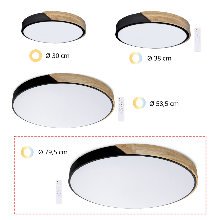 Brilagi - LED stropna svjetiljka s prigušivanjem PILANA LED/72W/230V 3000-6500K hrast/crna Ø 80 cm + daljinski upravljač