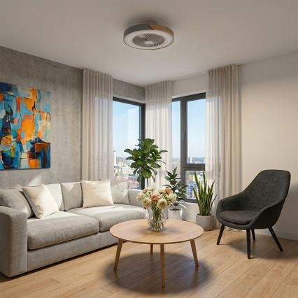 Brilagi - LED prigušivo stropno svjetlo s ventilatorom LED/38W/230V 3000-6500K prom. 50 cm siva/hrast + daljinsko upravljanje