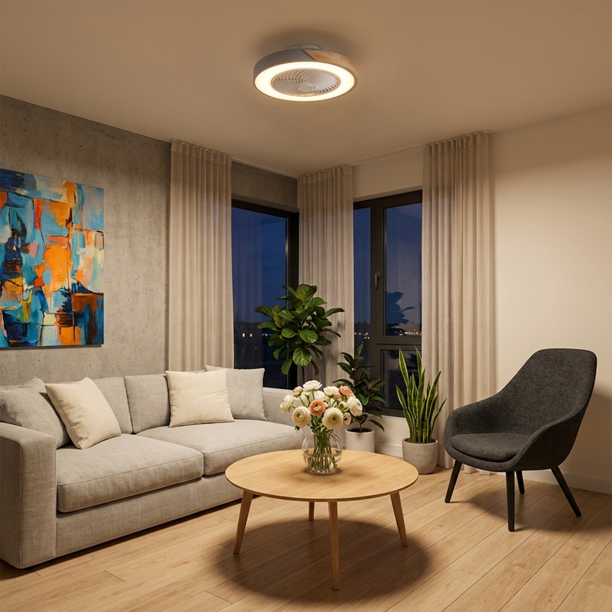Brilagi - LED prigušivo stropno svjetlo s ventilatorom LED/38W/230V 3000-6500K prom. 50 cm siva/hrast + daljinsko upravljanje