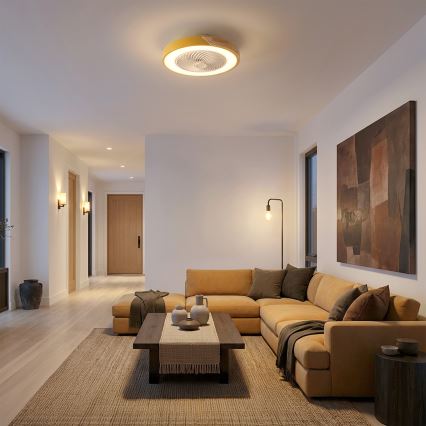 Brilagi - LED prigušiva stropna svjetiljka s ventilatorom LED/38W/230V 3000-6500K 3000-6500K prom. 50 cm zlatna/hrast + daljinski upravljač