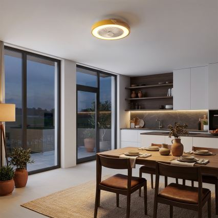 Brilagi - LED prigušiva stropna svjetiljka s ventilatorom LED/38W/230V 3000-6500K 3000-6500K prom. 50 cm zlatna/hrast + daljinski upravljač
