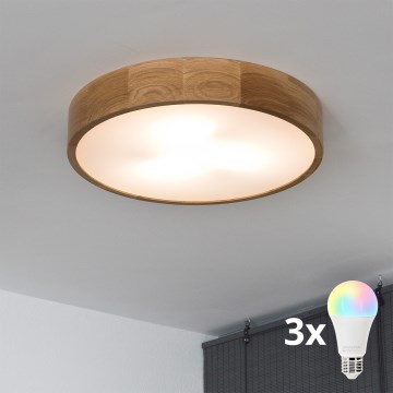 Brilagi - LED RGBW prigušiva stropna svjetiljka CARVALHO 3xE27/9W/230V 2700-6500K Wi-Fi hrast prom. 47,5 cm