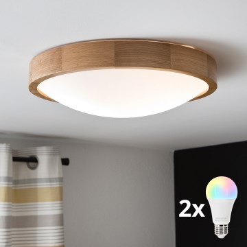 BRILAGI - LED RGBW prigušivo stropno svjetlo CARVALHO SLIM 2xE27/12W/230V 2700-6500K hrast, promjer 37 cm