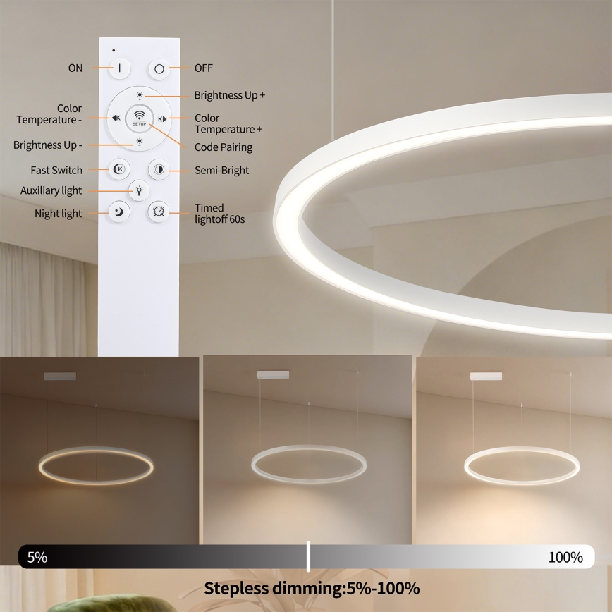 Brilagi - LED luster PORTOFINO na sajli, s mogućnošću prigušivanja, LED/60W/230V 3000-6000K Ø 80 cm bijela + daljinski upravljač