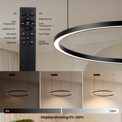 Brilagi - LED luster s mogućnošću prigušivanja na sajli PORTOFINO LED/60W/230V 3000-6000K Ø 80 cm crna + daljinski upravljač