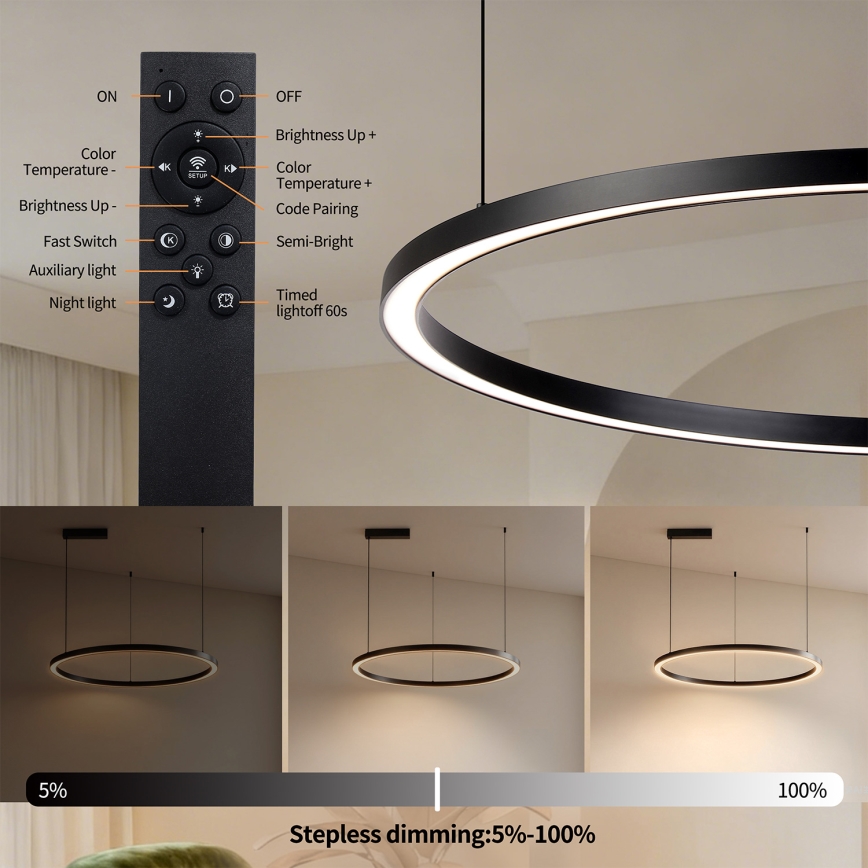Brilagi - LED luster s mogućnošću prigušivanja na sajli PORTOFINO LED/60W/230V 3000-6000K Ø 80 cm crna + daljinski upravljač